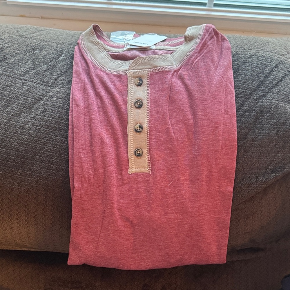 NWT- Men's Casual Button-Down Henley Shirt in Red with Contrast Trim